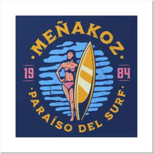 Vintage Meñakoz, Spain Surfer's Paradise // Retro Surfing 1980s Badge Posters and Art